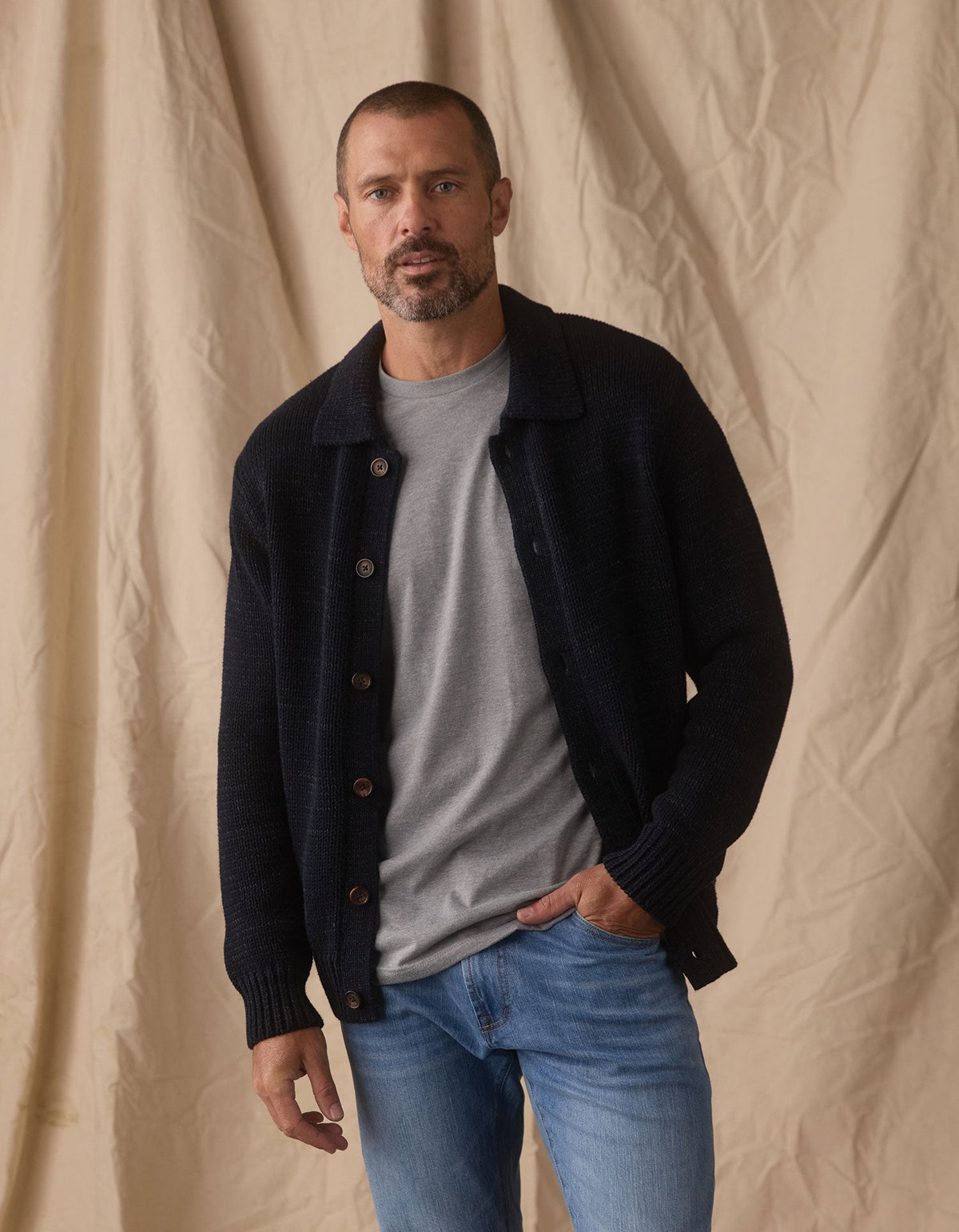 Pub Sweater Jacket in Navy / Grey Nep