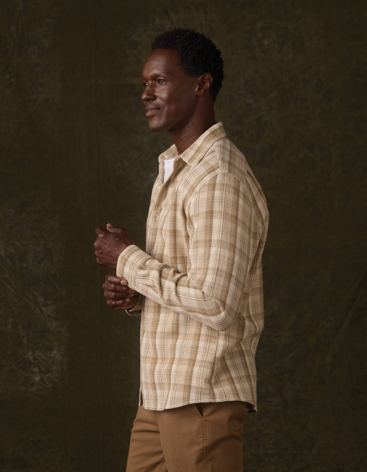 Woven Waffle Button Up in Khaki Plaid